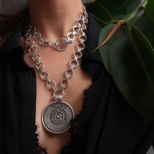 Long statement bold chain pendant, antique silver disk pendant, silver chunky chain necklace, unique large pendant, heavy-thick chain choker