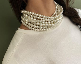 Extravagant Multi Layered Pearl Choker Necklace• Luxury Chunky Pearl Choker Necklace• Handmade Cream Pearl Bridal Choker• by AnAngelsHug