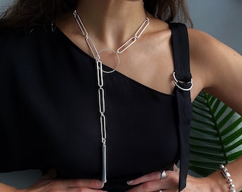 Long oval link lariat necklace, silver paperclip chain pendant, flat cable chain statement necklace, elongated rectangle chain choker