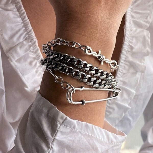 Safety pin curb chains bracelet, silver multi strand rocker style bracelet, adjustable chains barbed bracelet, BILLIE EILISH bold bracelet