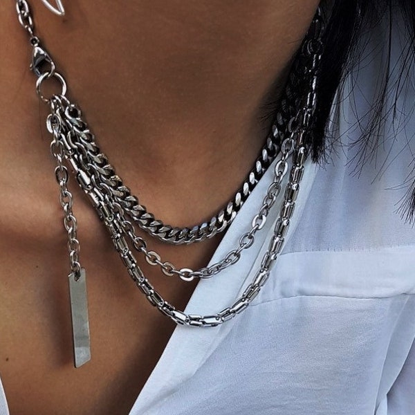 Silver multi chains vertical bar charm choker, triple strand layered choker, statement rock style short necklace, womens id tag bold choker
