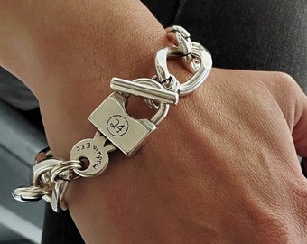 Bracelet cadenas surdimensionné pour femme avec chaîne épaisse | gros bracelet chaîne à maillons cubains avec cadenas | Bracelet manchette gourmette en argent de style avant-gardiste