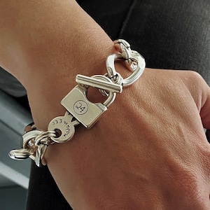 Oversized thick chain womens padlock bracelet| chunky key-lock Cuban link chain bracelet| edgy style silver curb chain cuff bracelet