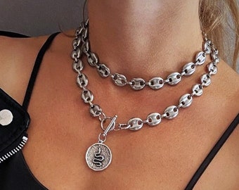 Girocollo con catena di chicchi di caffè, girocollo audace con catena da marinaio gonfio da donna, pendente a forma di serpente con catena a naso di maiale oversize, collana a catena spessa