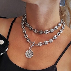 Coffee bean chain choker, womans statement puffed mariner chain bold choker, oversized pig nose chain snake pendant, thick chain necklace