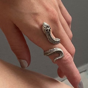 Large long snake ring, full finger serpent ring, adjustable chunky snake ring, oversized dark silver snake ring, big animal ring, women gift