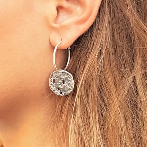 Womens Abstract Coin Drop Earrings• Rustic Silver Disc Hoop Earrings• Engraved Hoop Earrings• Hammered Earrings AnAngelsHug• Birthday Gift