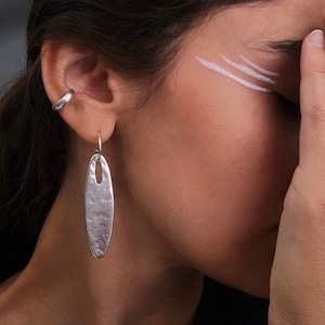 Silver dangling oval earrings, hammered drop earrings, antique silver earrings, raw silver plated long earrings by AnAngelsHug, gift for her