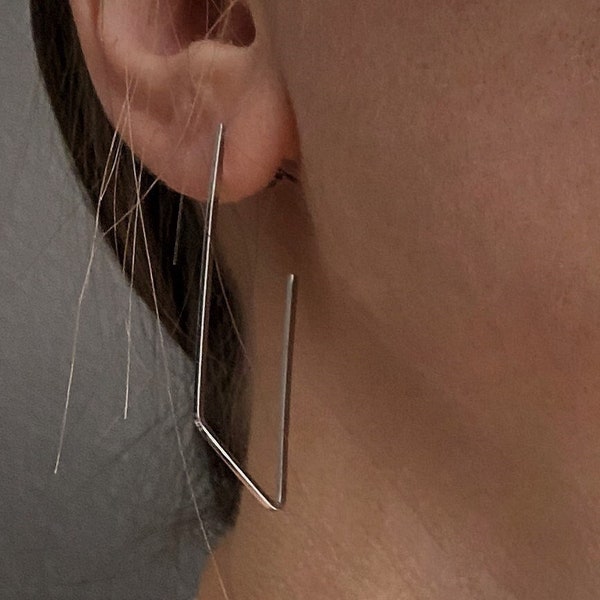 Rectangle silver hoop earrings, minimal urban geometric earrings, open elegant lightweight drop earrings, modern long earrings, gift for her