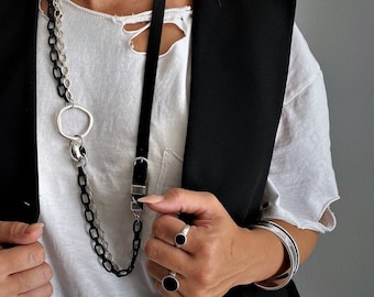 Multi chains O ring long leather necklace, bold black silver statement necklace, black Rock style necklace, contemporary chunky long pendant