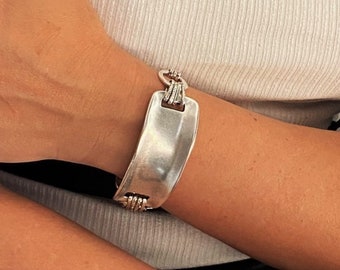 Chunky wide ID tag chain bracelet, oversized flat half metal bracelet, bold rock style silver link cuff bracelet, womens gift, gift idea