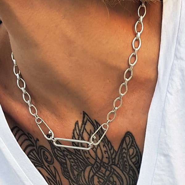 Veiligheidsspeld zilveren ketting ketting, punk rock stijl veiligheidsspelden choker, moderne rock hanger, dames alledaagse edgy ketting, gedurfde kettinghanger