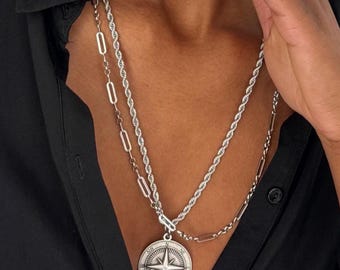 Collares de cadena con eslabones ovalados y estrellas de brújula plateada: cadenas de acero inoxidable