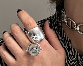 Giant EVIL EYE ring, statement padlock with key ring, heavy massive antique silver ring,big silver plated locket with key ring, womens gift