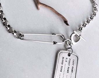 Collar único de cadena de pasador de seguridad con etiqueta de identificación de plata, colgante de declaración de cadena rolo para mujer, gargantilla de cadena estilo rockero atrevido, gargantilla abstracta y peculiar