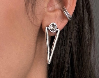 Pointy Swarovski stud earrings, sharp triangle crystal earrings, antique silver Swarovski earrings, luxury edgy bold earrings, gift for her