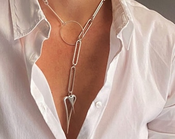 Long links chain O ring lariat hearts necklace, paperclip chain pointed heart adjustable necklace, silver lightweight chain lariat necklace