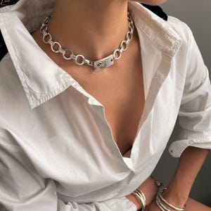 Frauen Antik Silber Halsband, mutige Kette Silber ID-Tag-Kragen, klobige Kette-Rock-Stil Kragen Halskette, gewagte einzigartige Kette Choker Bild 6