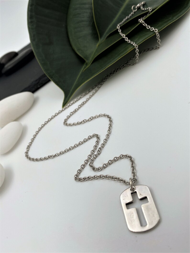 Mens Silver Cross Necklace Religious Dog Tag Pendant With Etsy
