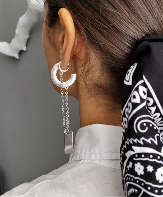 Silver Double Piercing Long Chain Drop Earrings Flat Bar Single