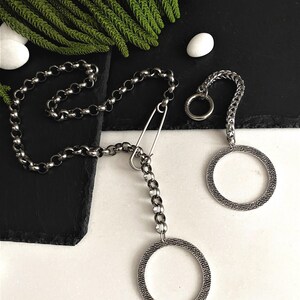 Punk Rock Style Oversized O-Ring Foxtail Chain bracelet: Large Engraved Circle Snap Lock Cuff