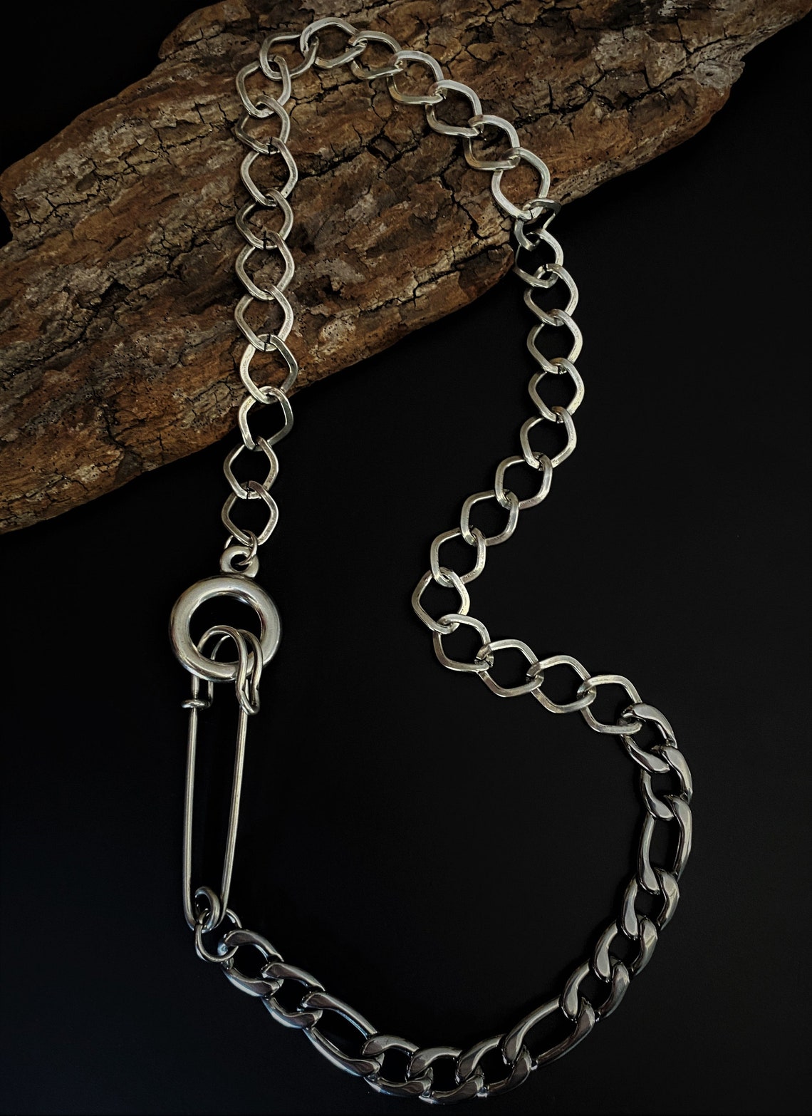 Chunky mixed chains safety pin necklace silver safety pin Etsy