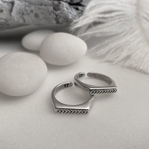 Rectangular Signet Engraved Arrow Open Ring: Stackable Adjustable Silver Ring