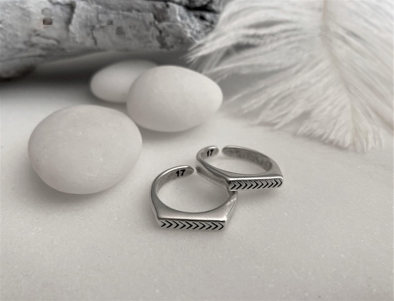 Rectangular Signet Engraved Arrow Open Ring: Stackable Adjustable Silver Ring