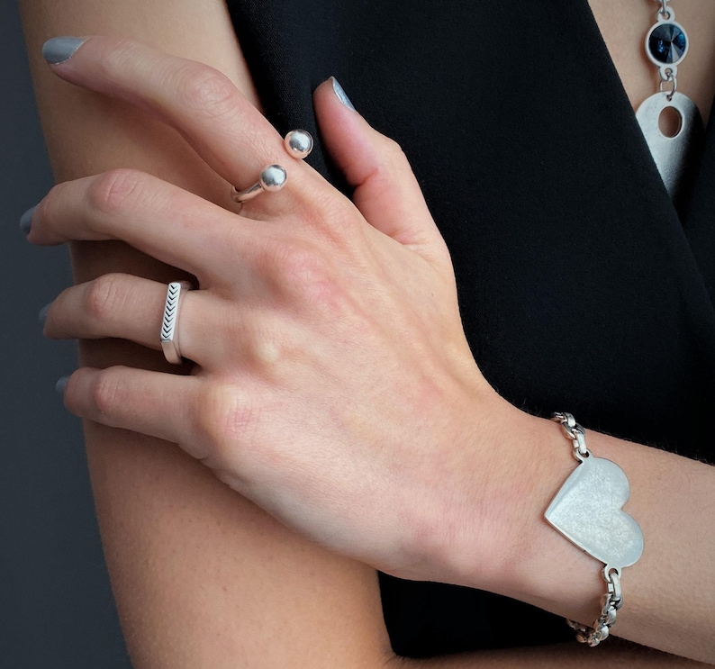 Rectangular Signet Engraved Arrow Open Ring: Stackable Adjustable Silver Ring