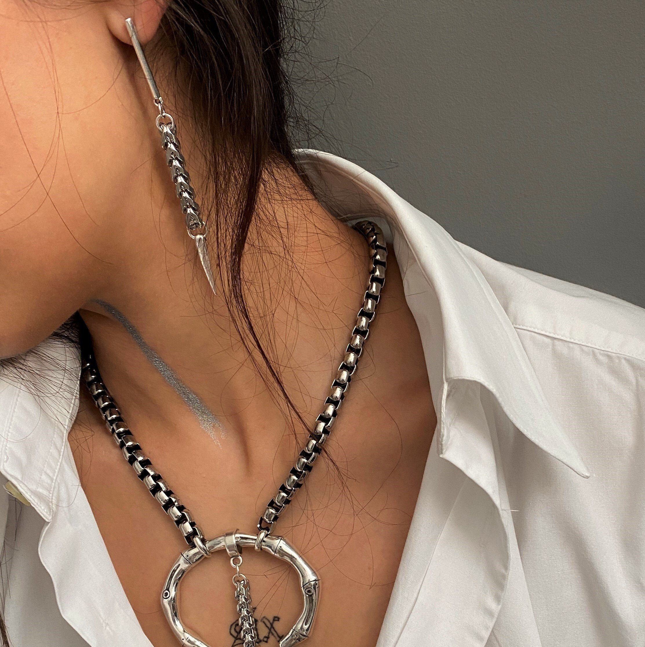 Edgy spike charm earrings, statement sharp extra long earrings, foxtail chain drop earrings, punk rock pointy dangle earrings, gift for her