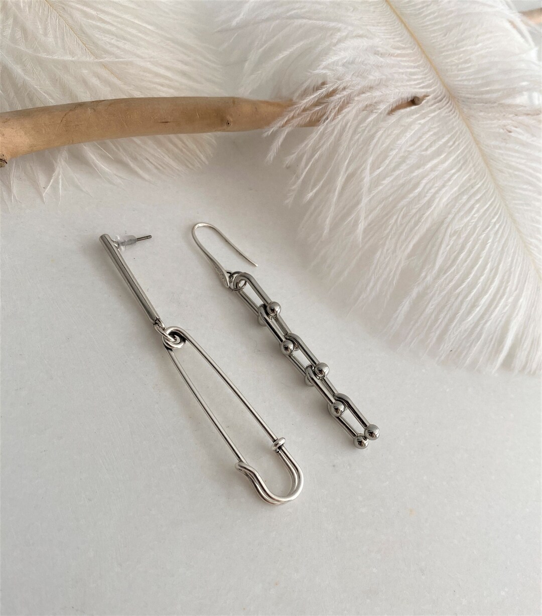 Mismatched Safety Pin U Ball Chain Earrings Thick U Shaped - Etsy