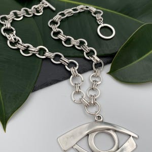 Silver large evil eye protection necklace, antique silver chunky chain bold evil eye choker, evil eye rock style necklace, statement choker image 2