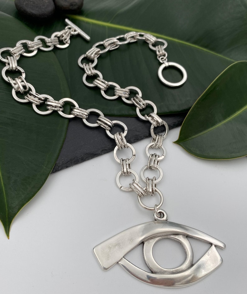 Silver large evil eye protection necklace, antique silver chunky chain bold evil eye choker, evil eye rock style necklace, statement choker image 2