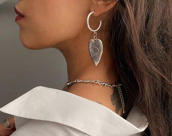 Große Herz Ohrringe, Nazar Herz baumeln Creolen, Mystic Auge Herz