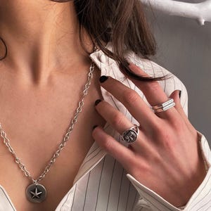 Rectangular Signet Engraved Arrow Open Ring: Stackable Adjustable Silver Ring
