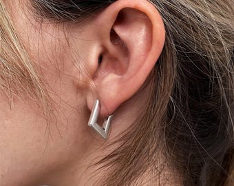 Small smooth square stud earrings, sharp geo huggie hoop earrings, open chic silver plated earrings, everyday pointy earrings, gift for her