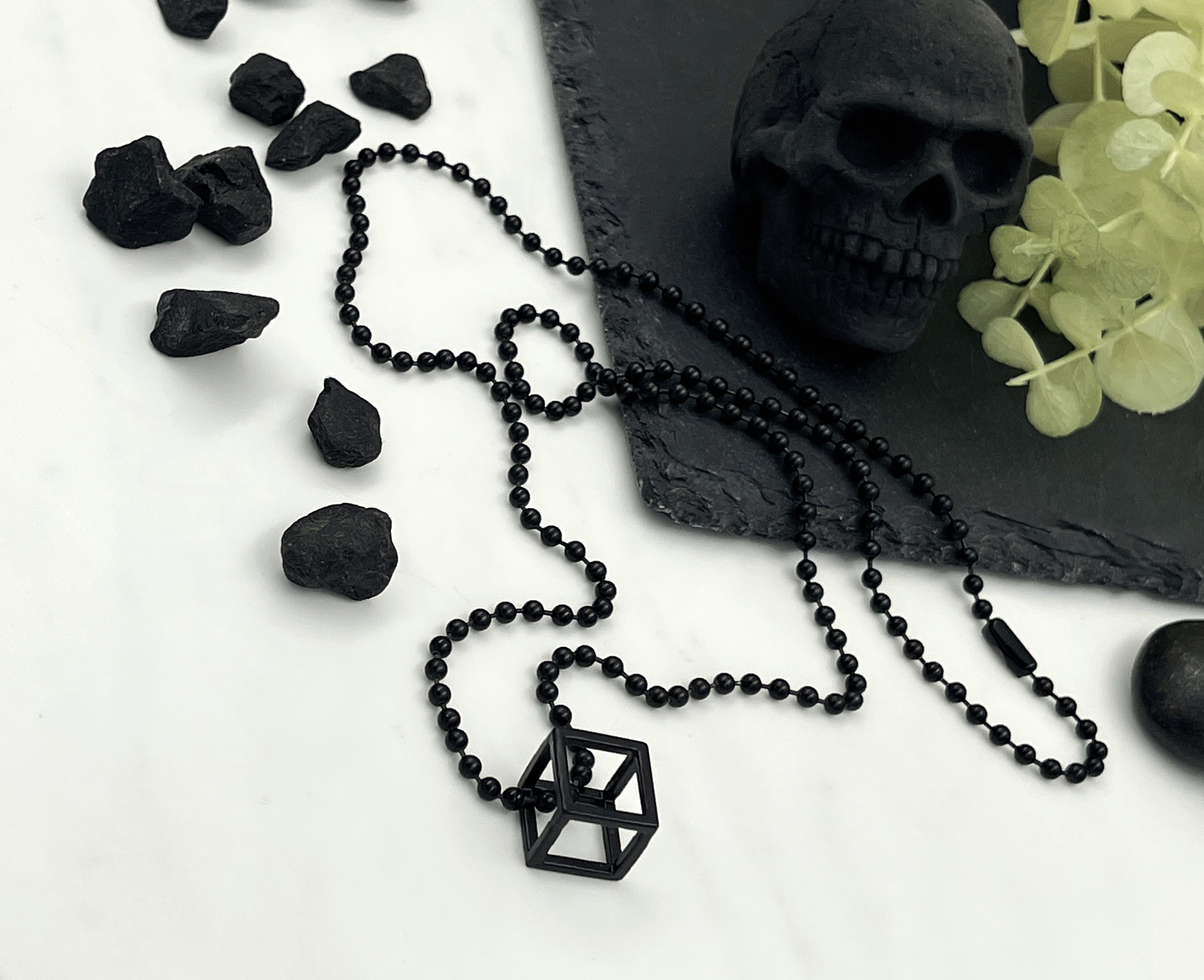 Mens Black Cube Pendant• Metal Cube Necklace• Geometric
