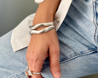 Wavy Antique Silver Open Cuff Bracelet• Sturdy Silver