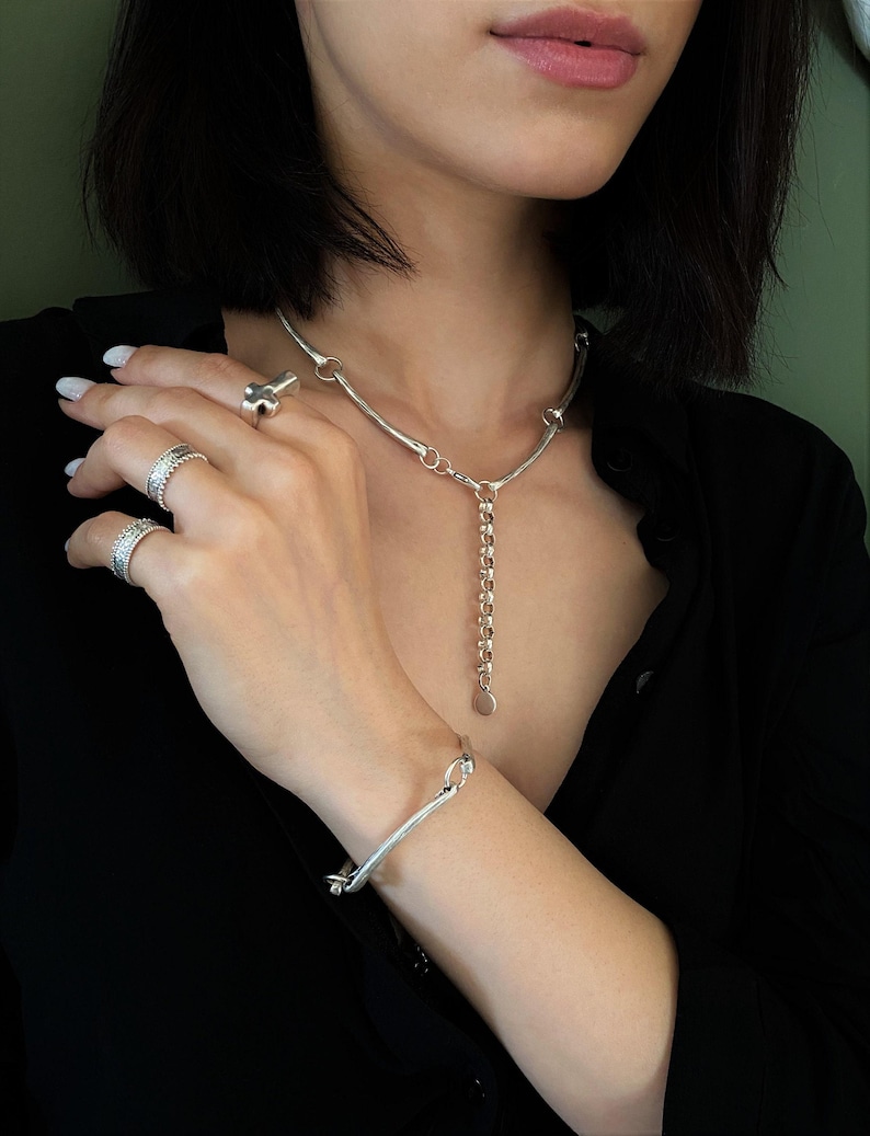 Long Curved Links Adjustable Choker• Rock Style Costume Piece Necklace• Minimal Dark Silver Short Necklace• by AnAngelsHug• Gift For Her