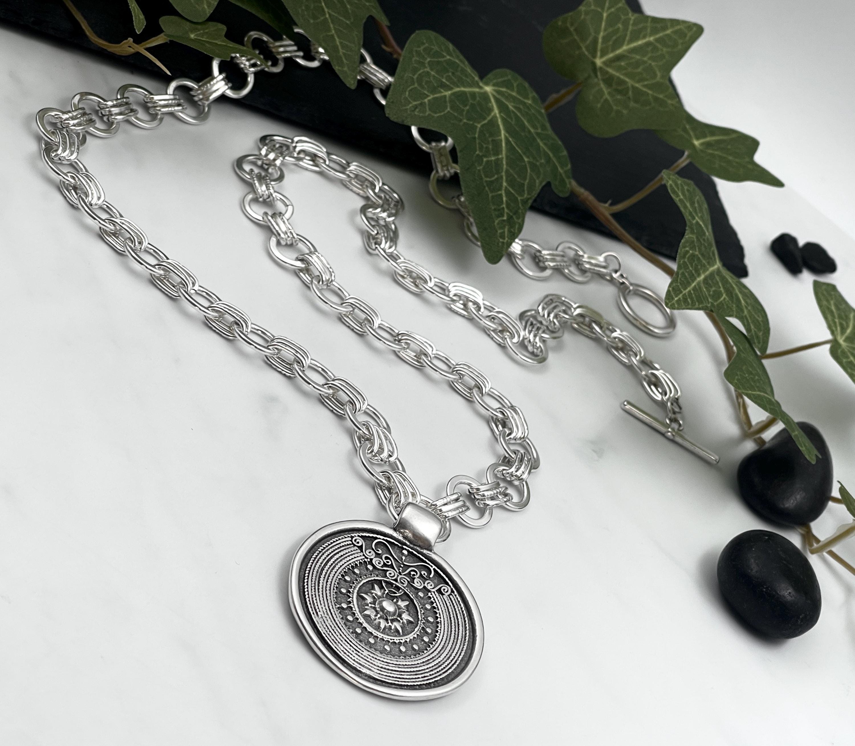 Long Statement Bold Chain Pendant, Antique Silver Disk Long Statement Bold Chain Pendant, Antique Silver Disk