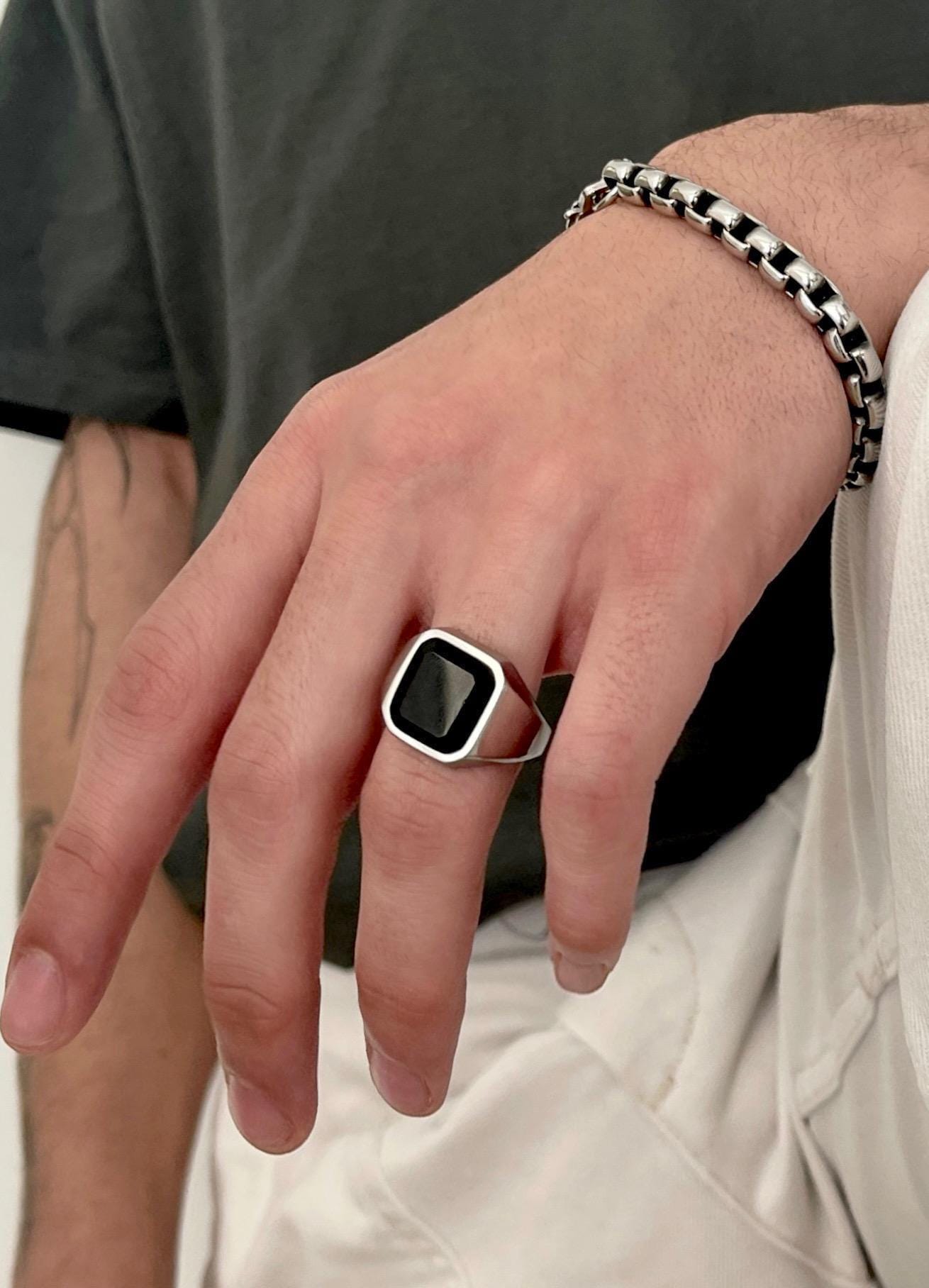 Mens Square Onyx Ring• Mens Silver Black Geometric Ring• Mens