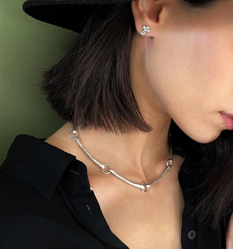 Long Curved Links Adjustable Choker• Rock Style Costume Piece Necklace• Minimal Dark Silver Short Necklace• by AnAngelsHug• Gift For Her