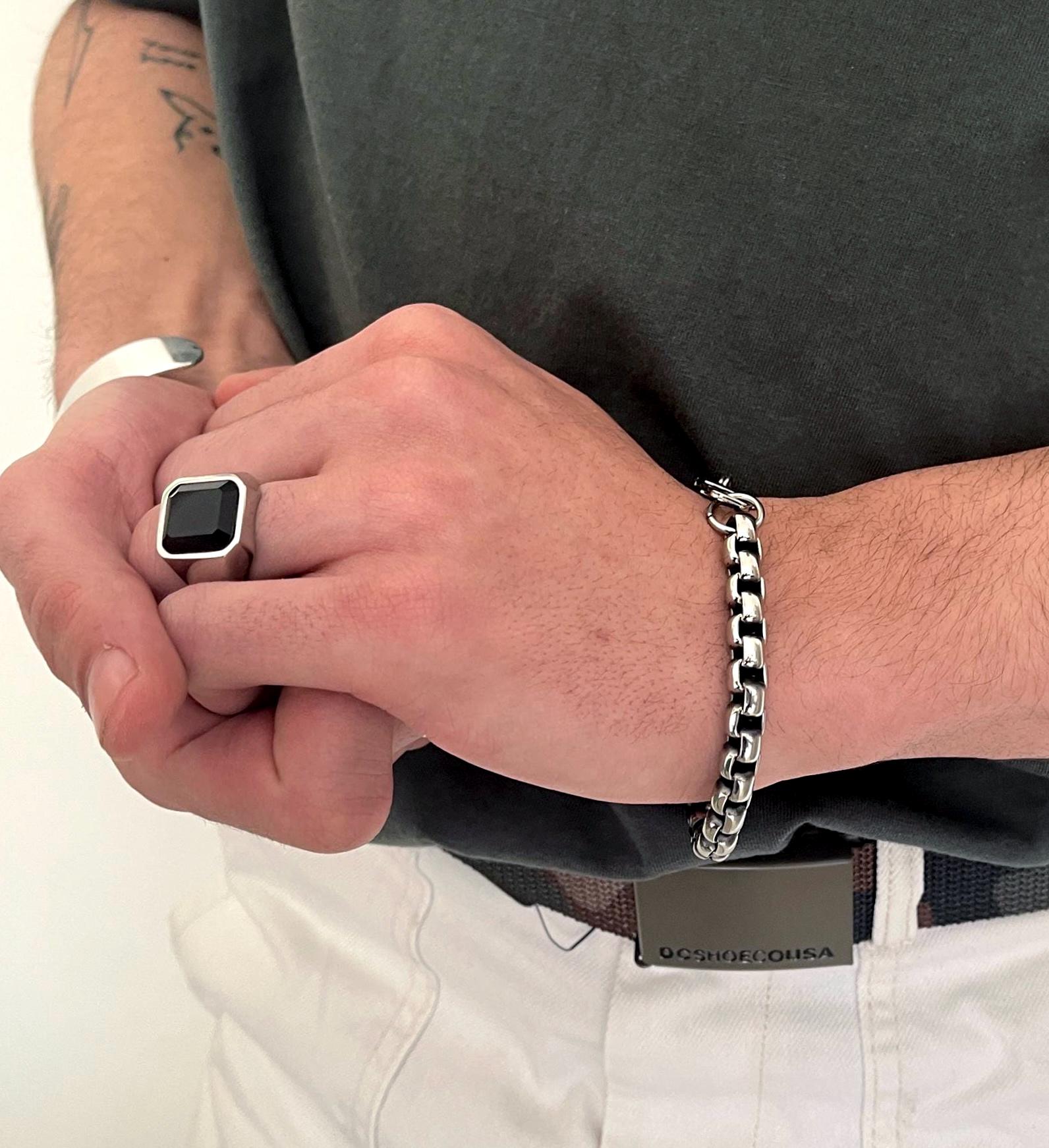 Mens Square Onyx Ring• Mens Silver Black Geometric Ring