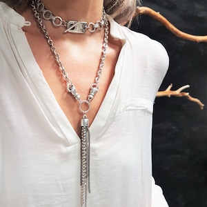 Frauen Antik Silber Halsband, mutige Kette Silber ID-Tag-Kragen, klobige Kette-Rock-Stil Kragen Halskette, gewagte einzigartige Kette Choker Bild 10