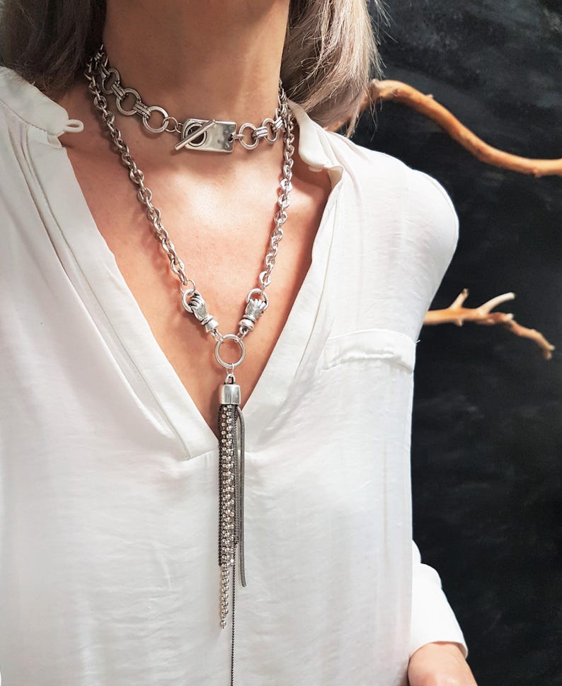 Frauen Antik Silber Halsband, mutige Kette Silber ID-Tag-Kragen, klobige Kette-Rock-Stil Kragen Halskette, gewagte einzigartige Kette Choker Bild 10