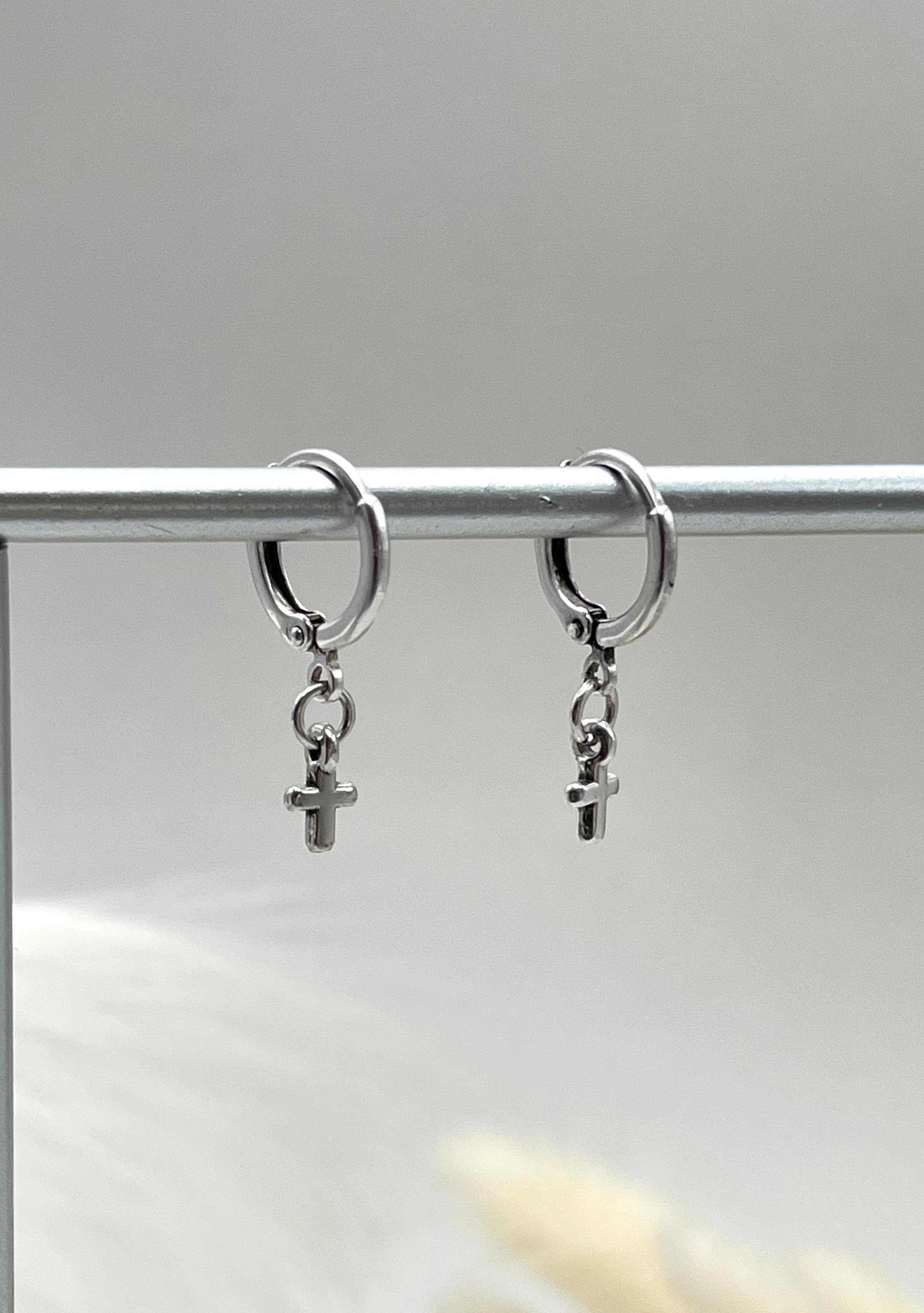 Créoles en argent sterling croix : boucles d'oreilles pendantes pour homme - France
