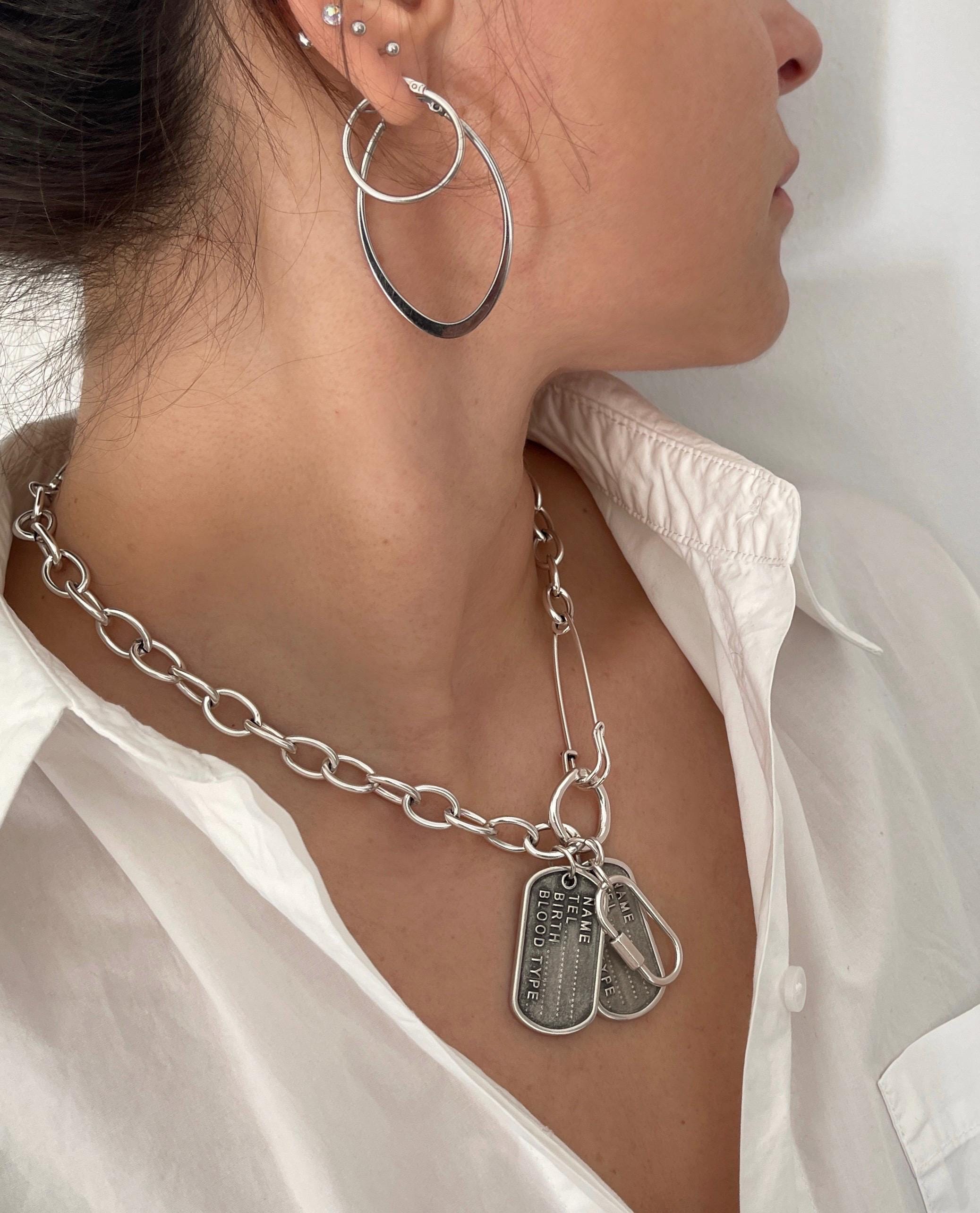 Multi Military Silver Id Tag Pendant• Safety Pin Unisex Chain Necklace• Rock Style Statement Necklace• Dog Tags Chunky Choker by AnAngelsHug