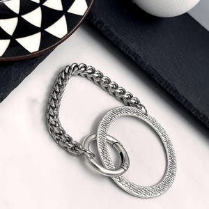Punk Rock Style Oversized O-Ring Foxtail Chain bracelet: Large Engraved Circle Snap Lock Cuff