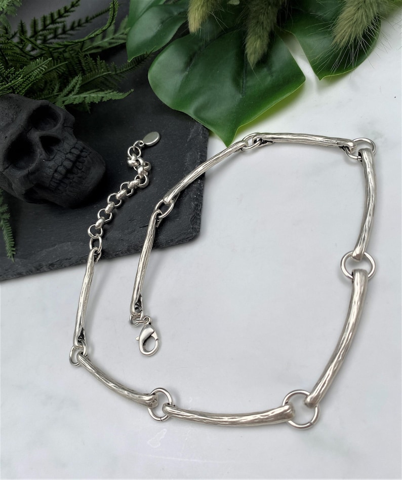 Long Curved Links Adjustable Choker• Rock Style Costume Piece Necklace• Minimal Dark Silver Short Necklace• by AnAngelsHug• Gift For Her