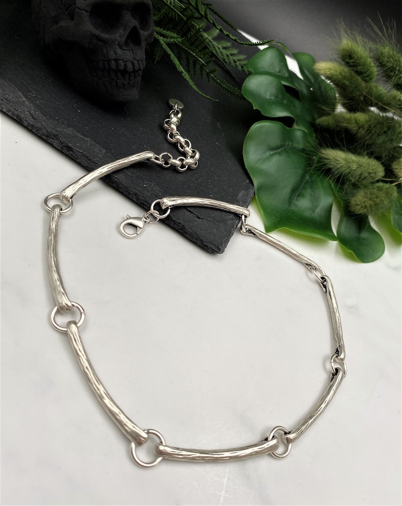 Long Curved Links Adjustable Choker• Rock Style Costume Piece Necklace• Minimal Dark Silver Short Necklace• by AnAngelsHug• Gift For Her